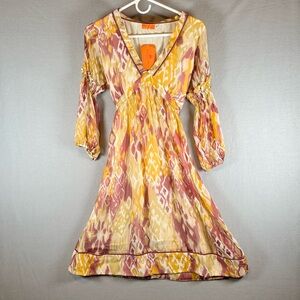 Backwoods New York Flowy V-Neck Mini Dress in Yellow and Mauve, size Medium- NWT